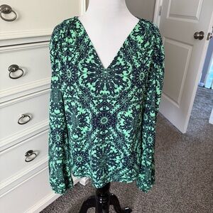 LOFT Teal and Black Patterned Blouse